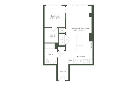 Floor plan for 1 bed, 1 bath, 743 sqft